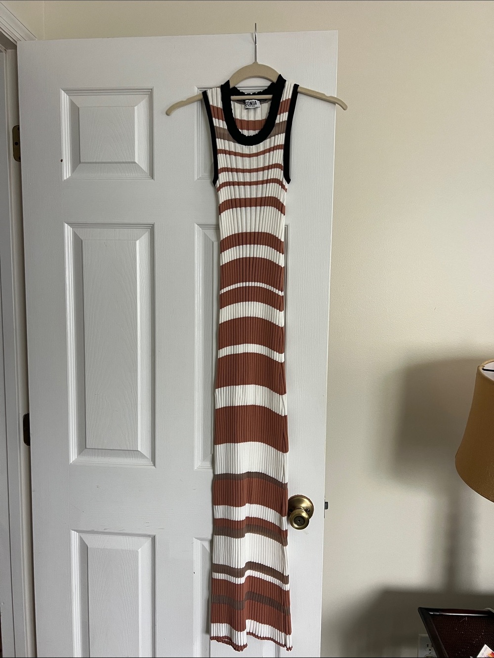 Sonia Rykiel Sleeveless Striped Maxi Dress in Brown, White & Black Trim